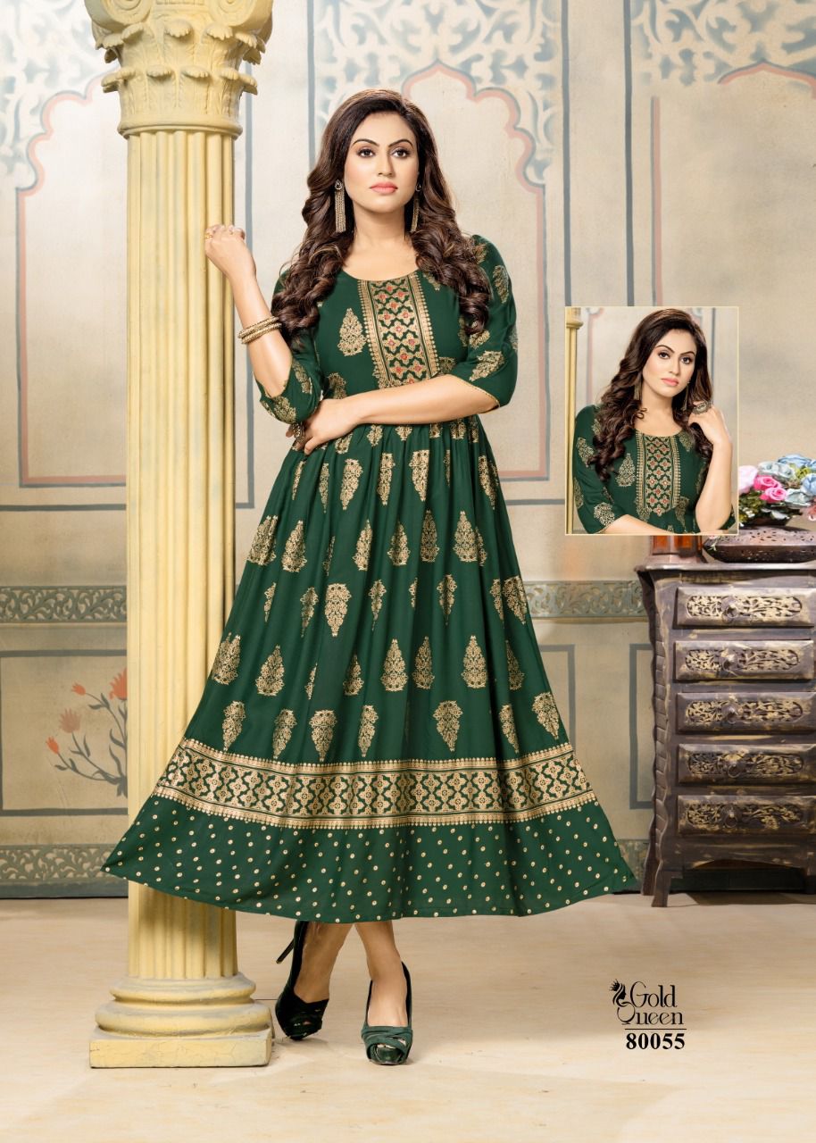 Mayra Gold Queen New Fancy Ethnic Wear Rayon Printed Long Anarkali Kurti Collection